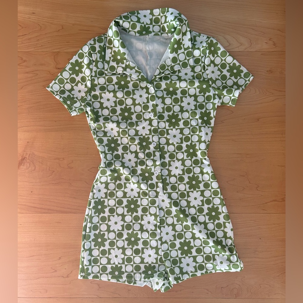 Green & White Flowered Romper